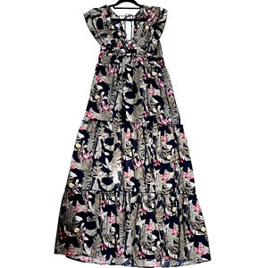 Womens Maxi Sz S Dress Lace Up Ruffle V Neck  Tropical Florals Coastal Resort